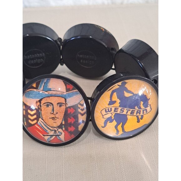 Vtg Hotcakes Design Western Themed Stretch Bracelet Colorful Cowboy Art Prints - Picture 3 of 8